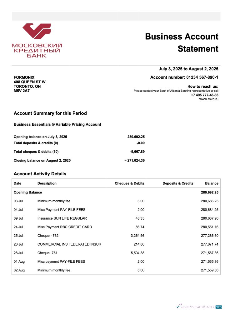 Russia Credit bank of Moscow organization checking account statement Word and PDF template